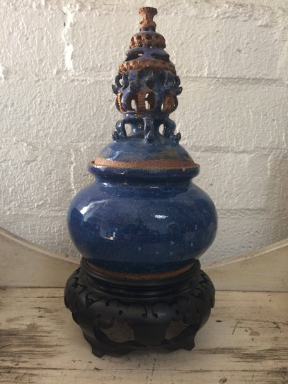 Blue Ceramic Urn Vase with Elaborate Sculptural Top Asian Wooden Base
