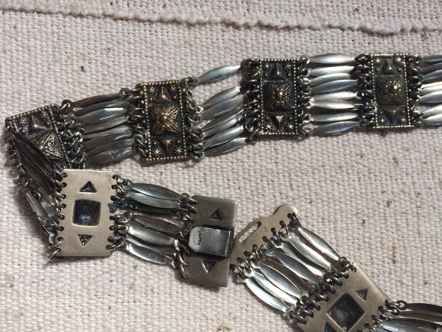 Vintage Mexican Silver Linked Tribal Reposse Necklace or Belt