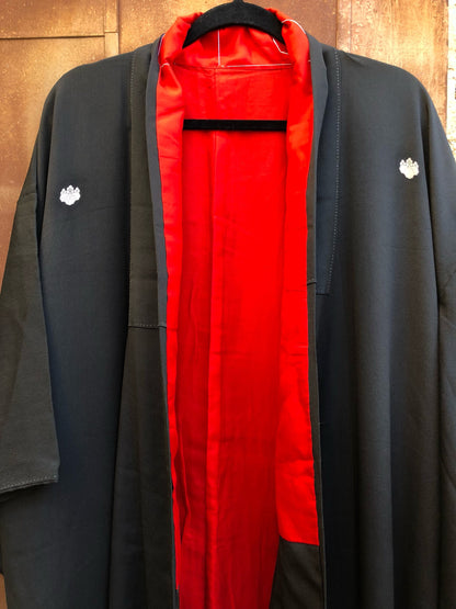Vintage Black Silk Kimono with Sage, Orange Pine Motiff, Red Cotton Lining