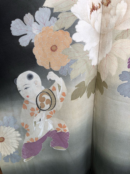 Vintage Japanese Black Silk Kimono with Orange, Beige and White Chrisanthumums and Daisies