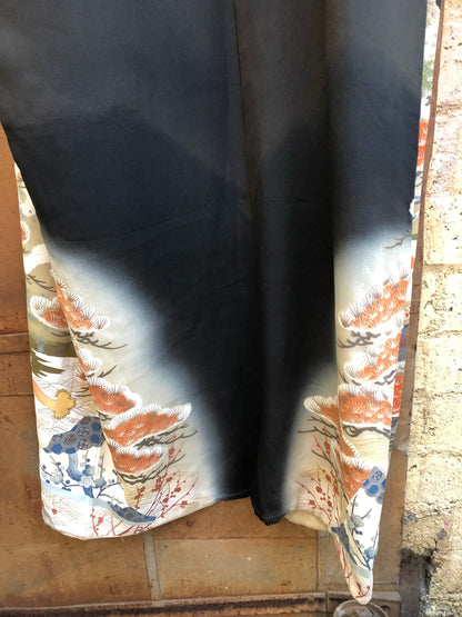 Vintage Black Silk Kimono with Sage, Orange Pine Motiff, Red Cotton Lining