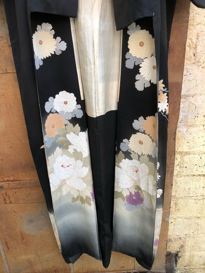 Vintage Japanese Black Silk Kimono with Orange, Beige and White Chrisanthumums and Daisies