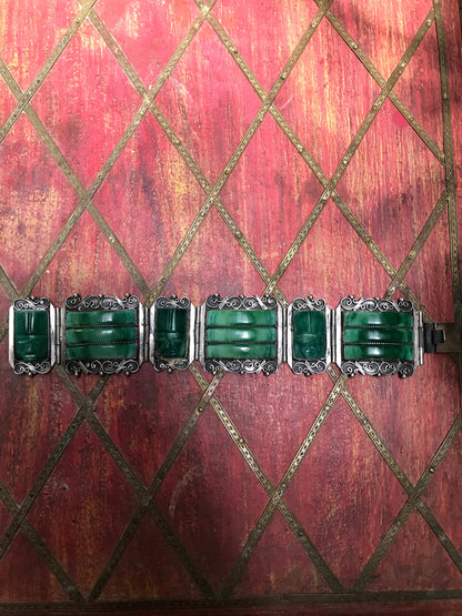 Vintage Mexican 1940s Mayan Carved Taxco Green Jade Bracelet