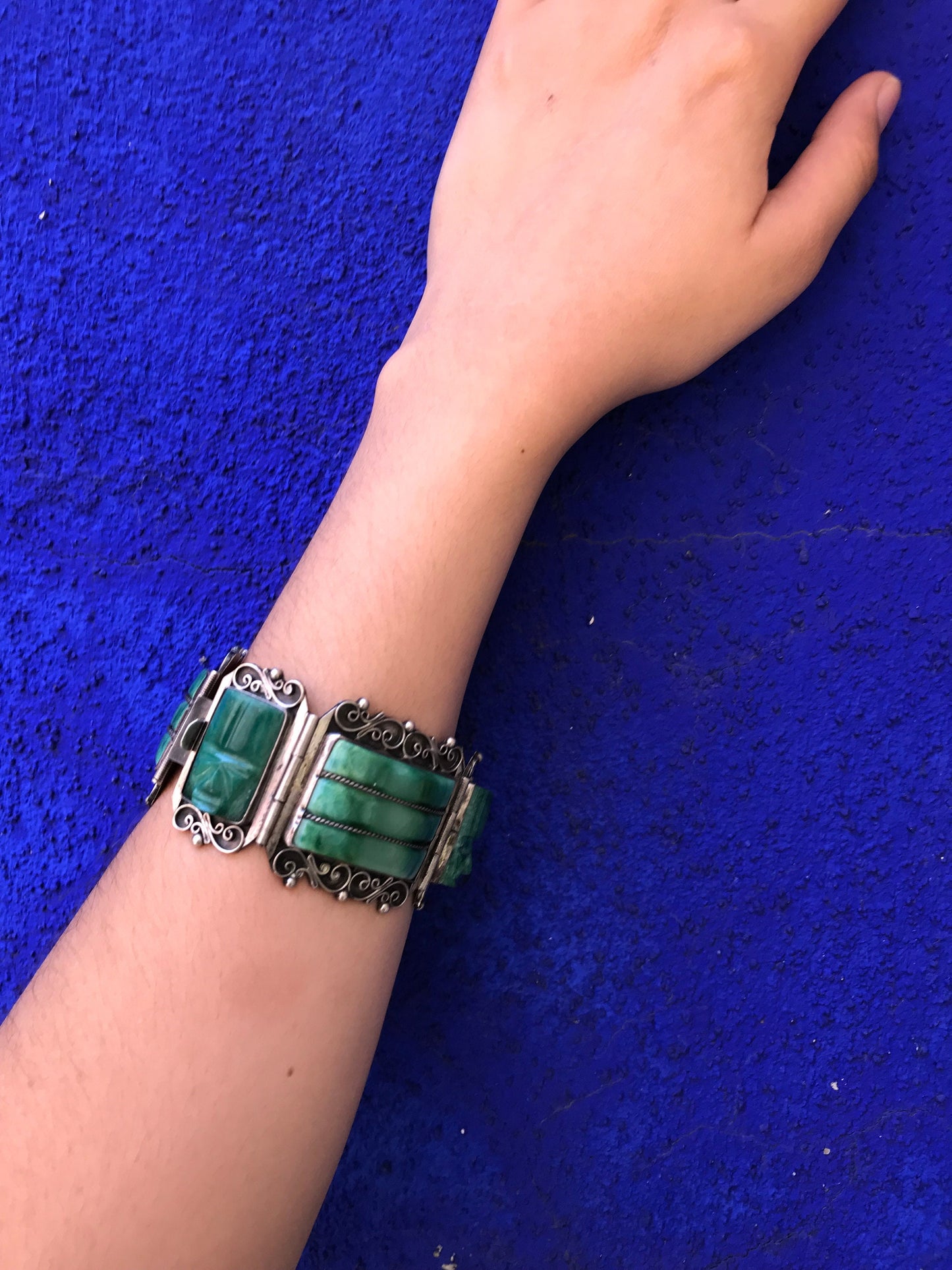 Vintage Mexican 1940s Mayan Carved Taxco Green Jade Bracelet