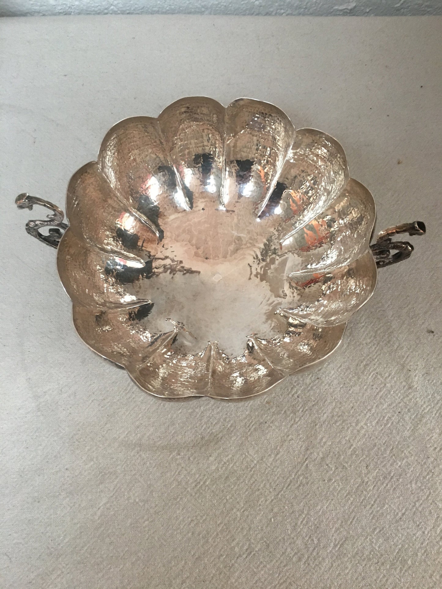 Antique Dragon Handle Sterling Silver Scalloped Bowl