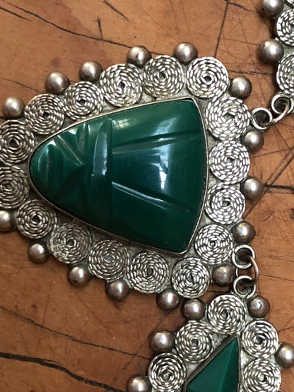 Three Panel Mexican Jade Mask Pendant and Sterling Silver Necklace