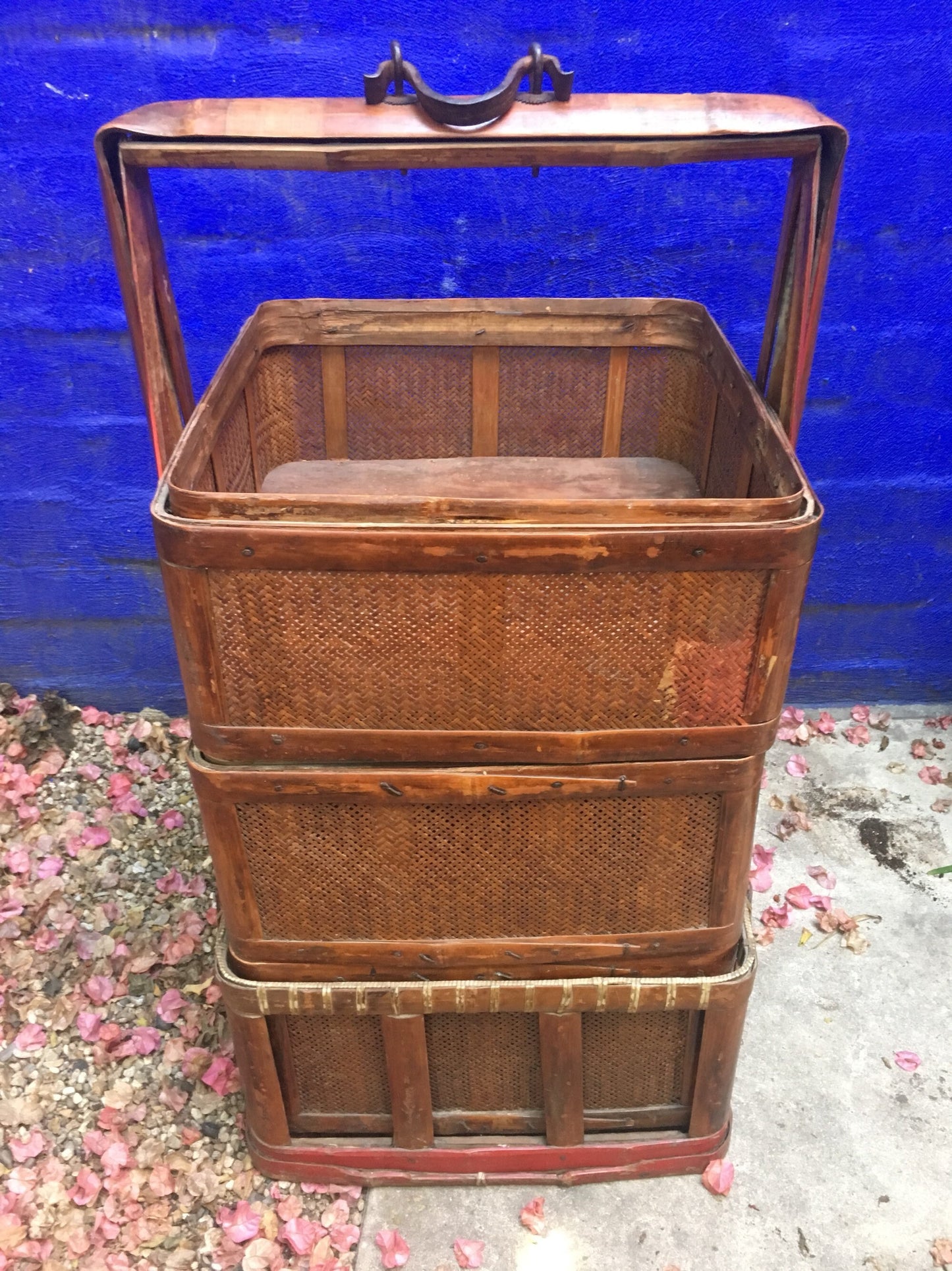 Large Antique Chinese Bamboo Wedding Nesting Crates/Tiered Basket