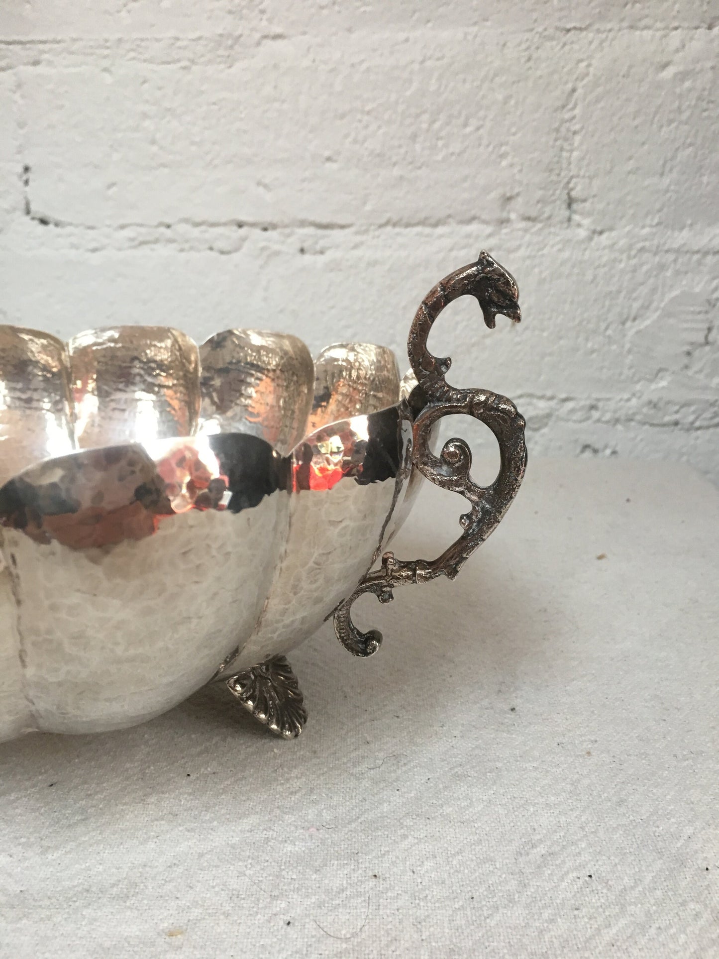 Antique Dragon Handle Sterling Silver Scalloped Bowl