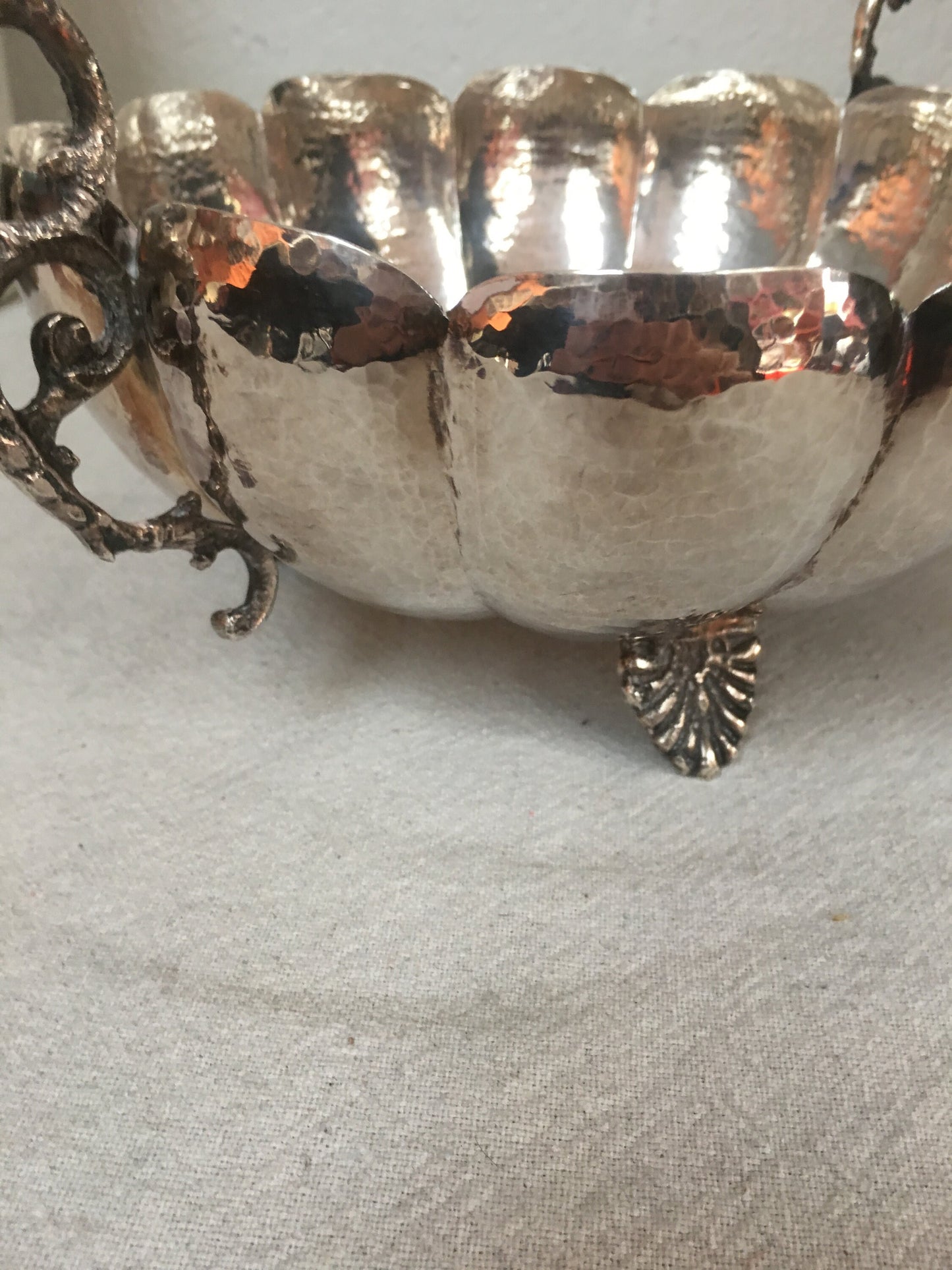 Antique Dragon Handle Sterling Silver Scalloped Bowl