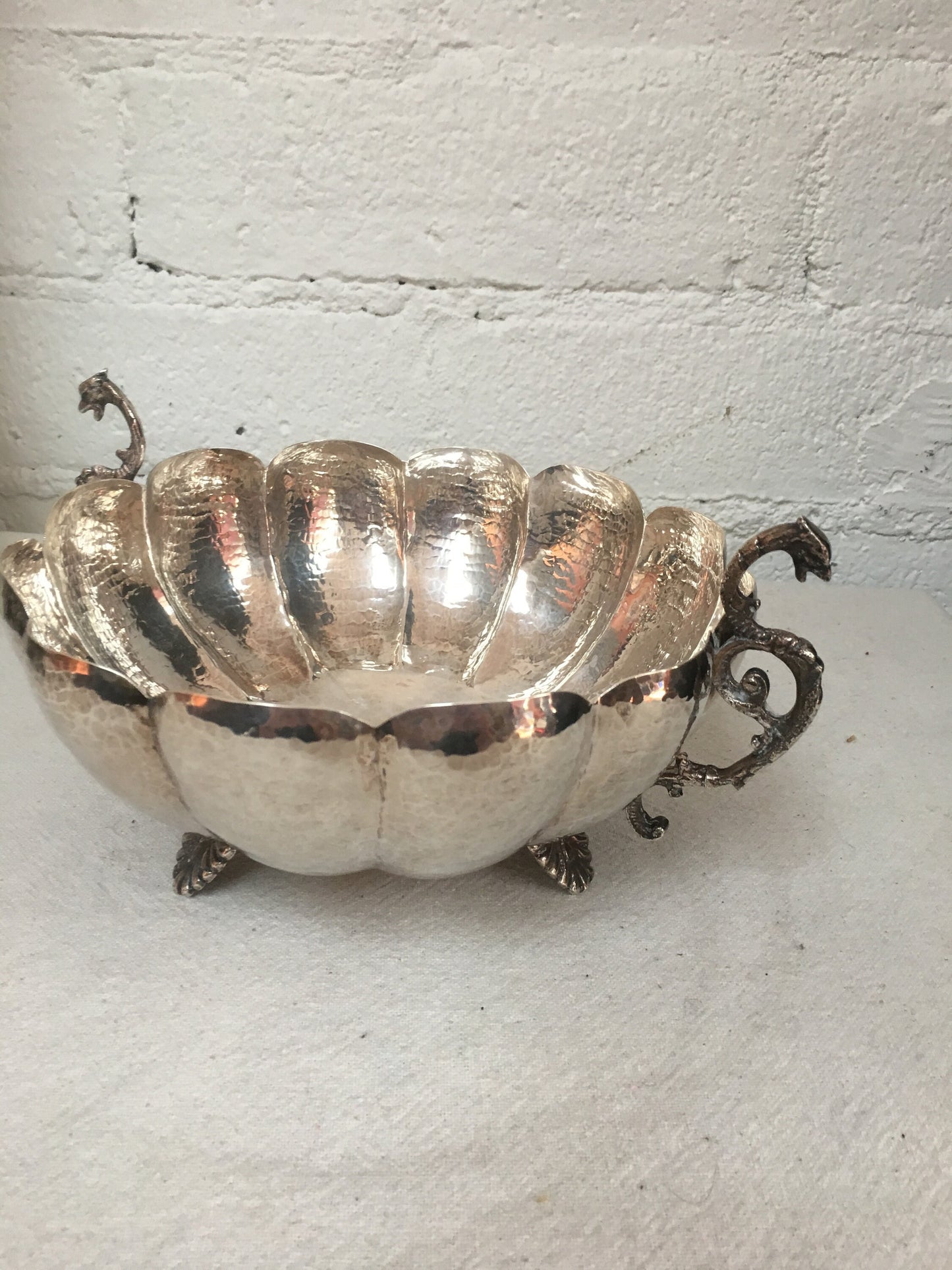 Antique Dragon Handle Sterling Silver Scalloped Bowl