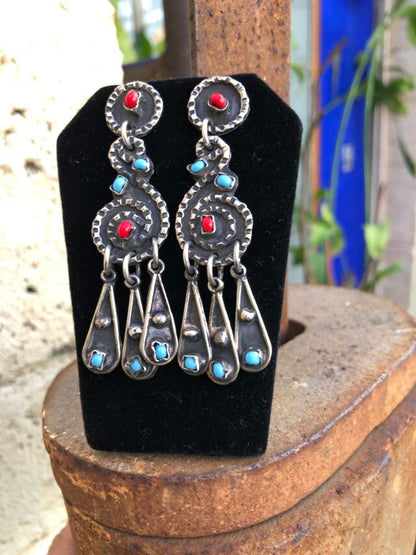 Vintage Sterling Silver and Glass Mexican Dangly Earrings