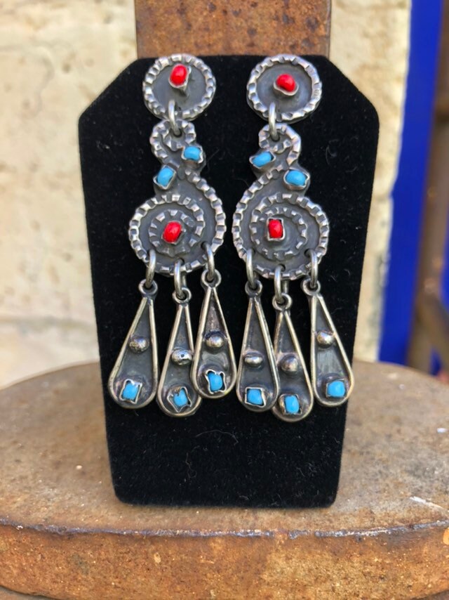 Vintage Sterling Silver and Glass Mexican Dangly Earrings