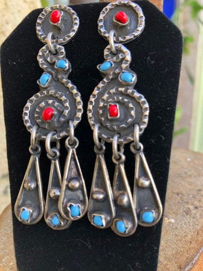 Vintage Sterling Silver and Glass Mexican Dangly Earrings