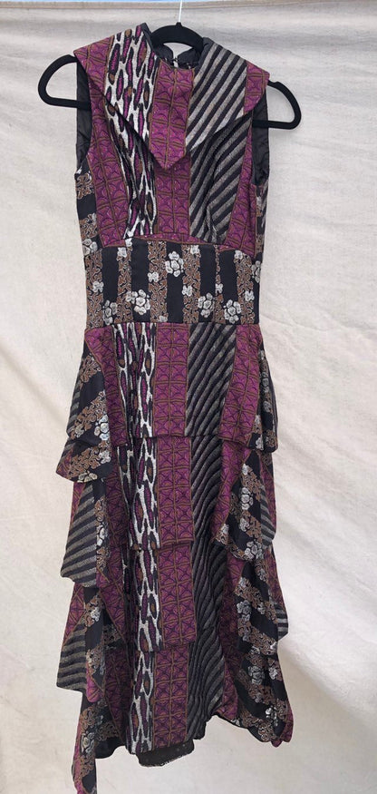 Vintage 1980s Ruffled Party Dress Black, Purple, Brown, Silver