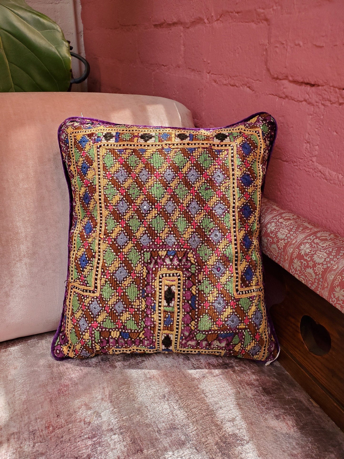 Multicolored Embroidered Indian Bohemian Velvet Vintage Patchwork Textured Cotton Decorative Throw Pillow