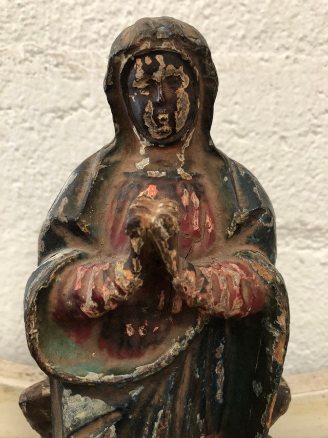 Vintage Antique Hand Carved Wood Madonna Religious Statue