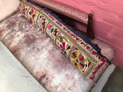 One Of A Kind Long Vintage Indian Hand Embroidered Textile and Hot Pink Silk Velvet Pillow