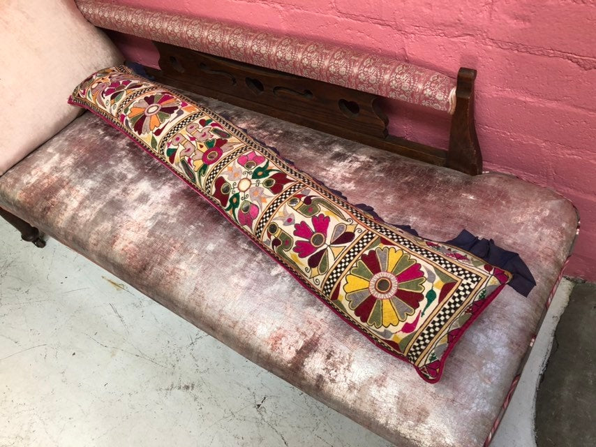 One Of A Kind Long Vintage Indian Hand Embroidered Textile and Hot Pink Silk Velvet Pillow