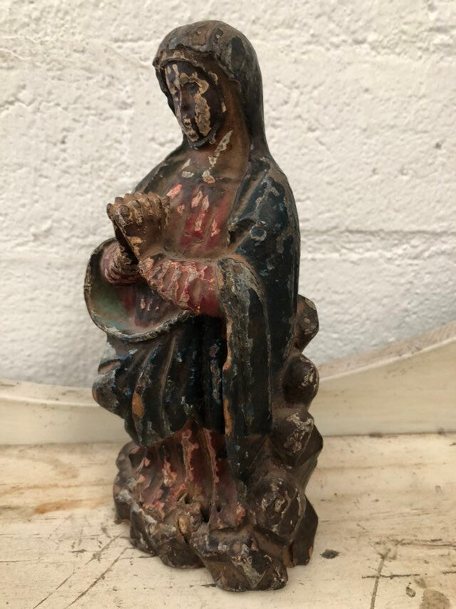 Vintage Antique Hand Carved Wood Madonna Religious Statue
