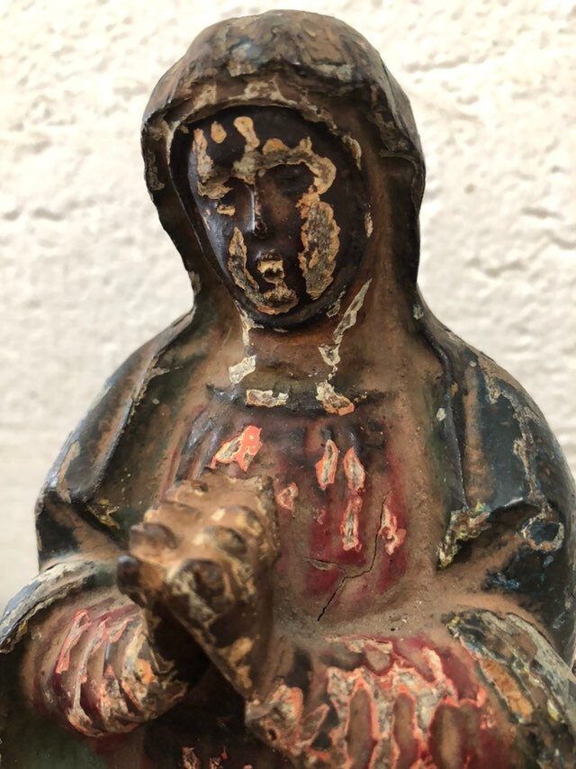 Vintage Antique Hand Carved Wood Madonna Religious Statue