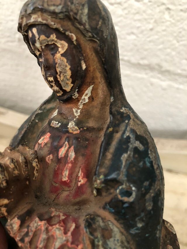 Vintage Antique Hand Carved Wood Madonna Religious Statue