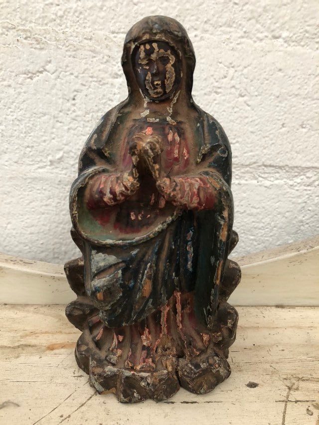 Vintage Antique Hand Carved Wood Madonna Religious Statue