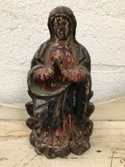 Vintage Antique Hand Carved Wood Madonna Religious Statue