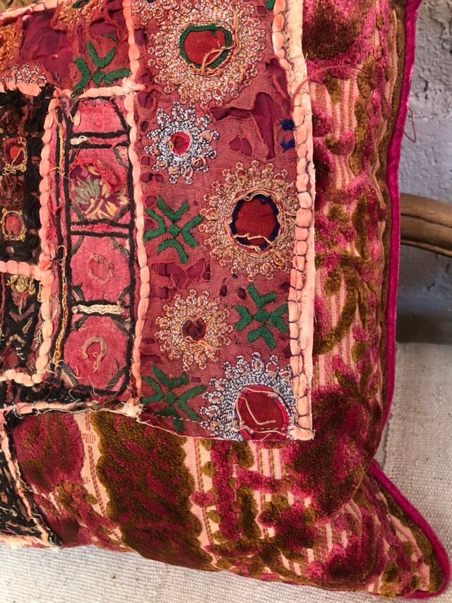 Hot Pink Velvet Indian Bohemian Vintage Embroidered Patchwork Textile Decorative Throw Pillow