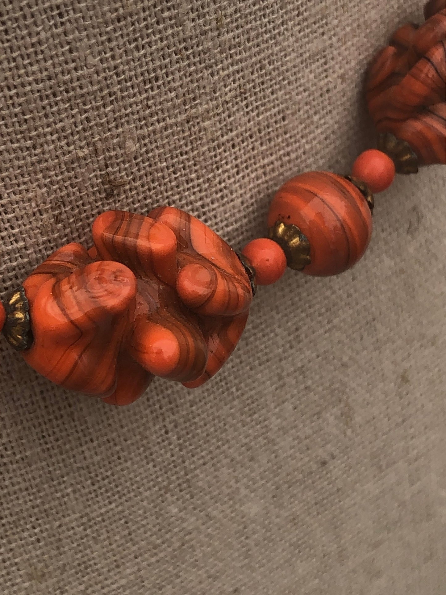 Vintage Handmade Orange Glass Bead Necklace 1940s