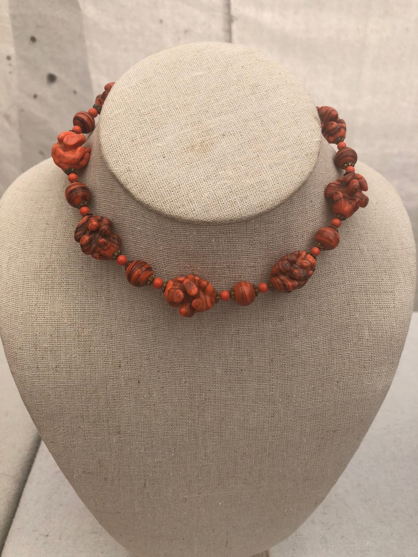 Vintage Handmade Orange Glass Bead Necklace 1940s