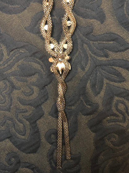 Vintage Long Braided Bronze Colored and Rhinestone Necklace Costume Jewelry