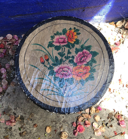 Vintage Chinese Paper Mache Decoupage Round Box with Hand Painted Flowers