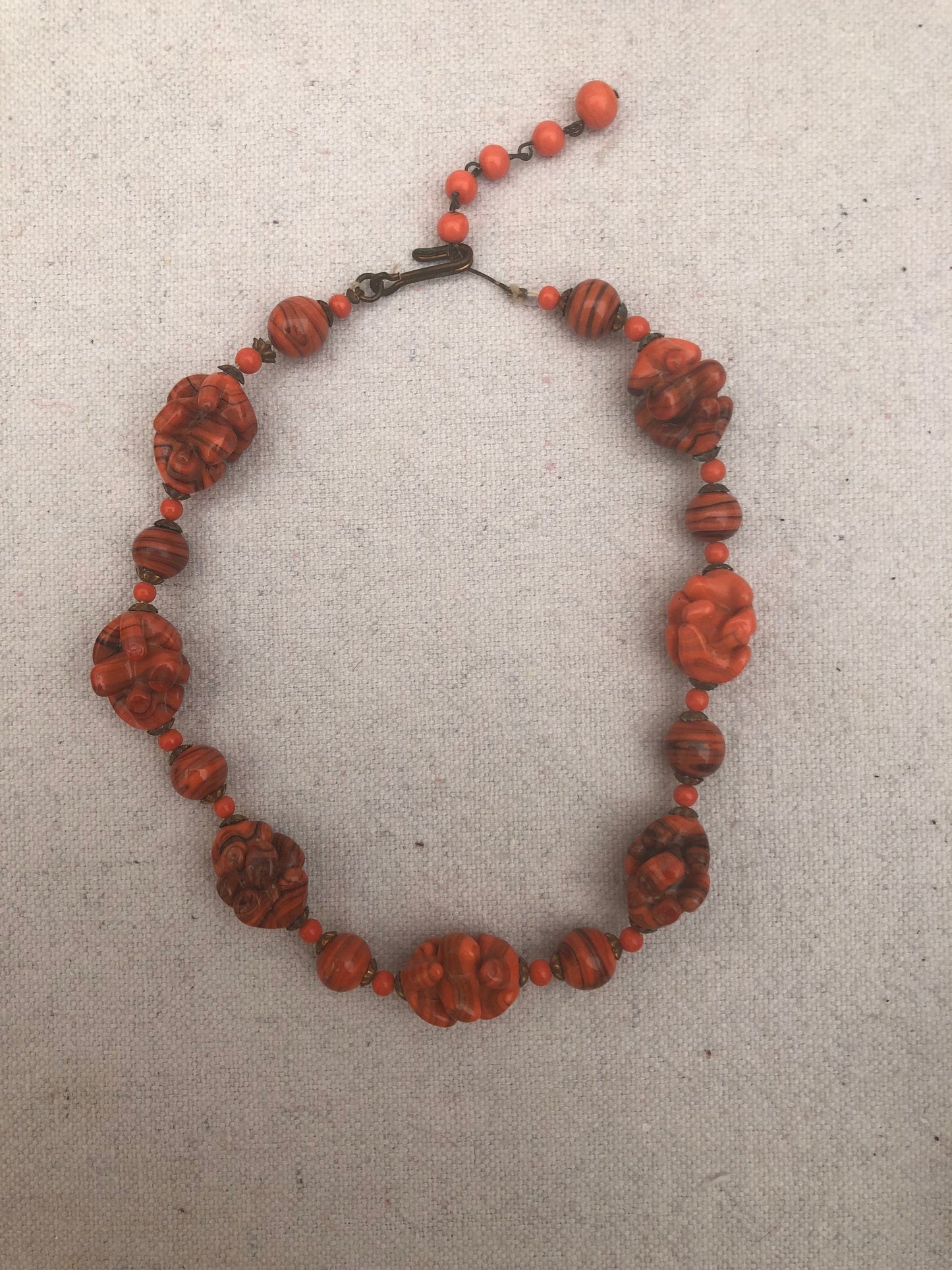 Vintage Handmade Orange Glass Bead Necklace 1940s