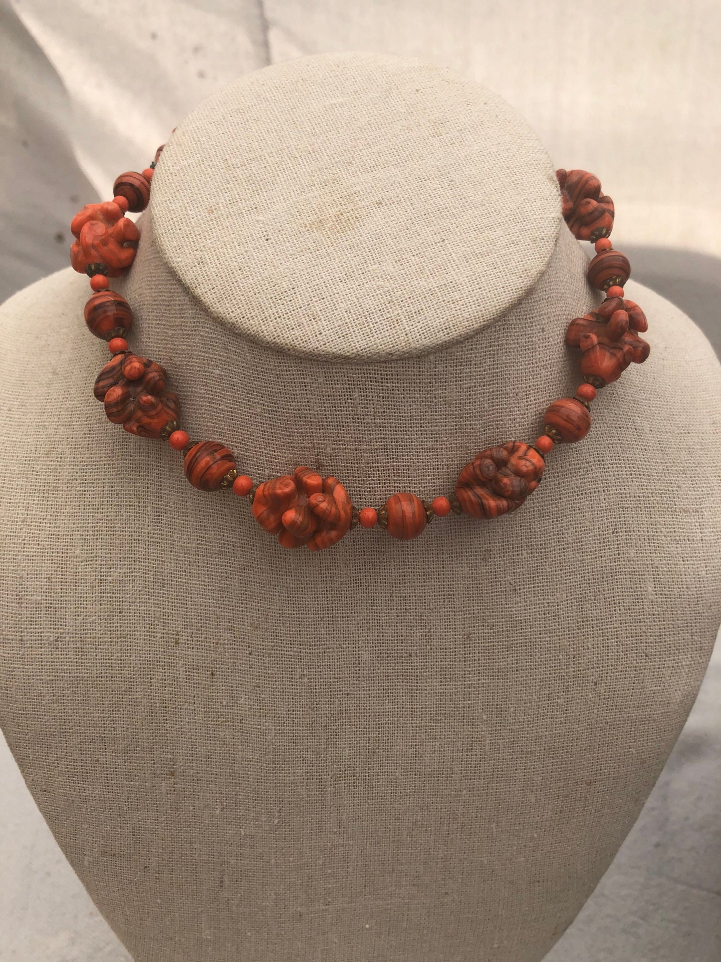 Vintage Handmade Orange Glass Bead Necklace 1940s