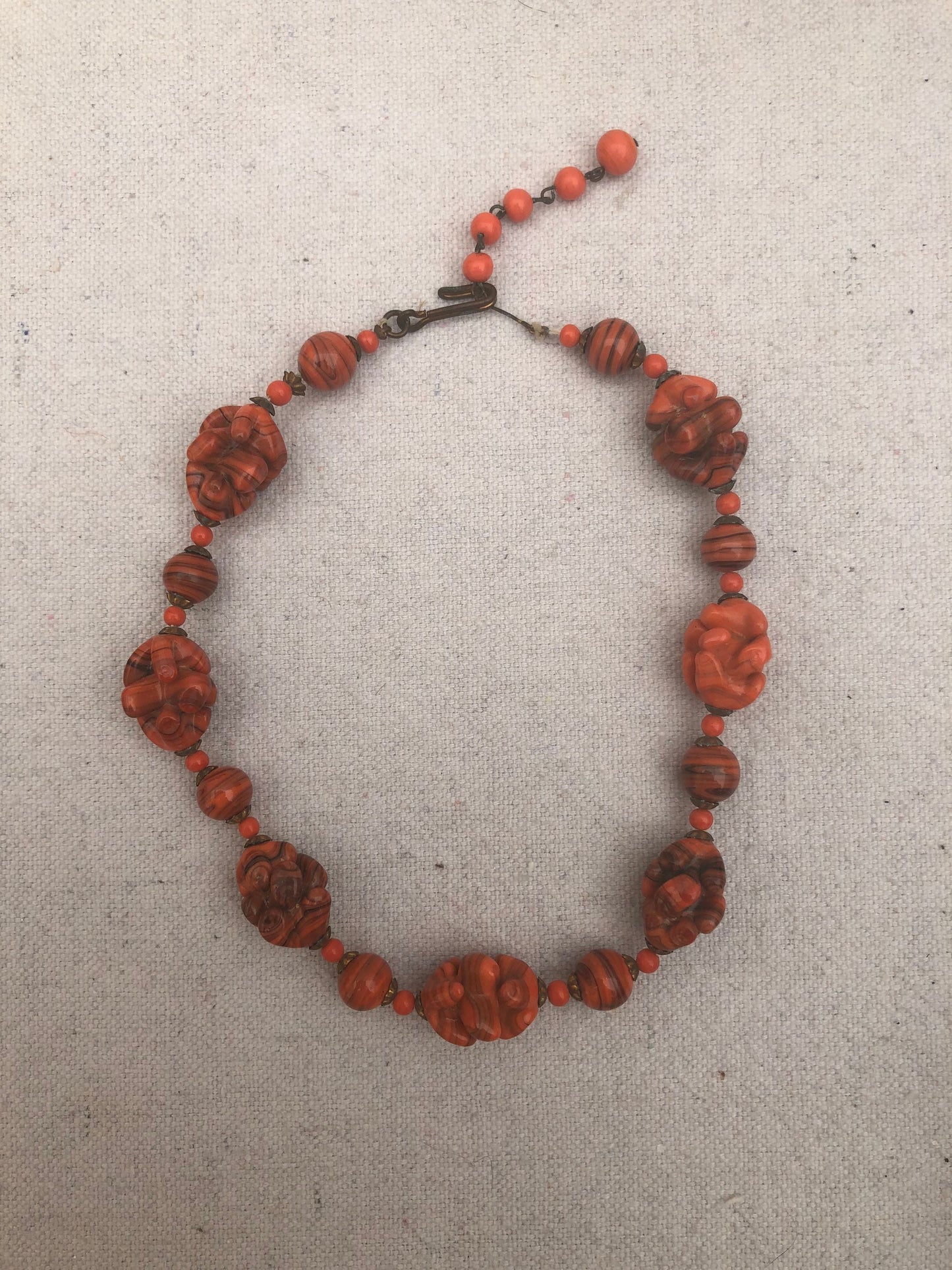 Vintage Handmade Orange Glass Bead Necklace 1940s