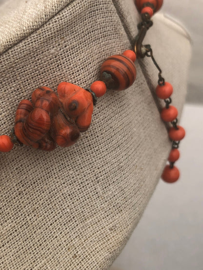 Vintage Handmade Orange Glass Bead Necklace 1940s