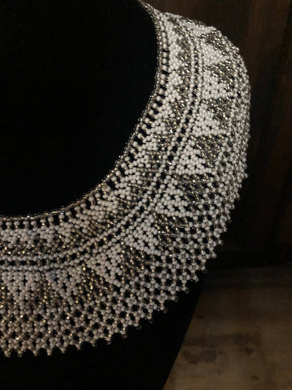 Beaded Bib White and Silver Necklace