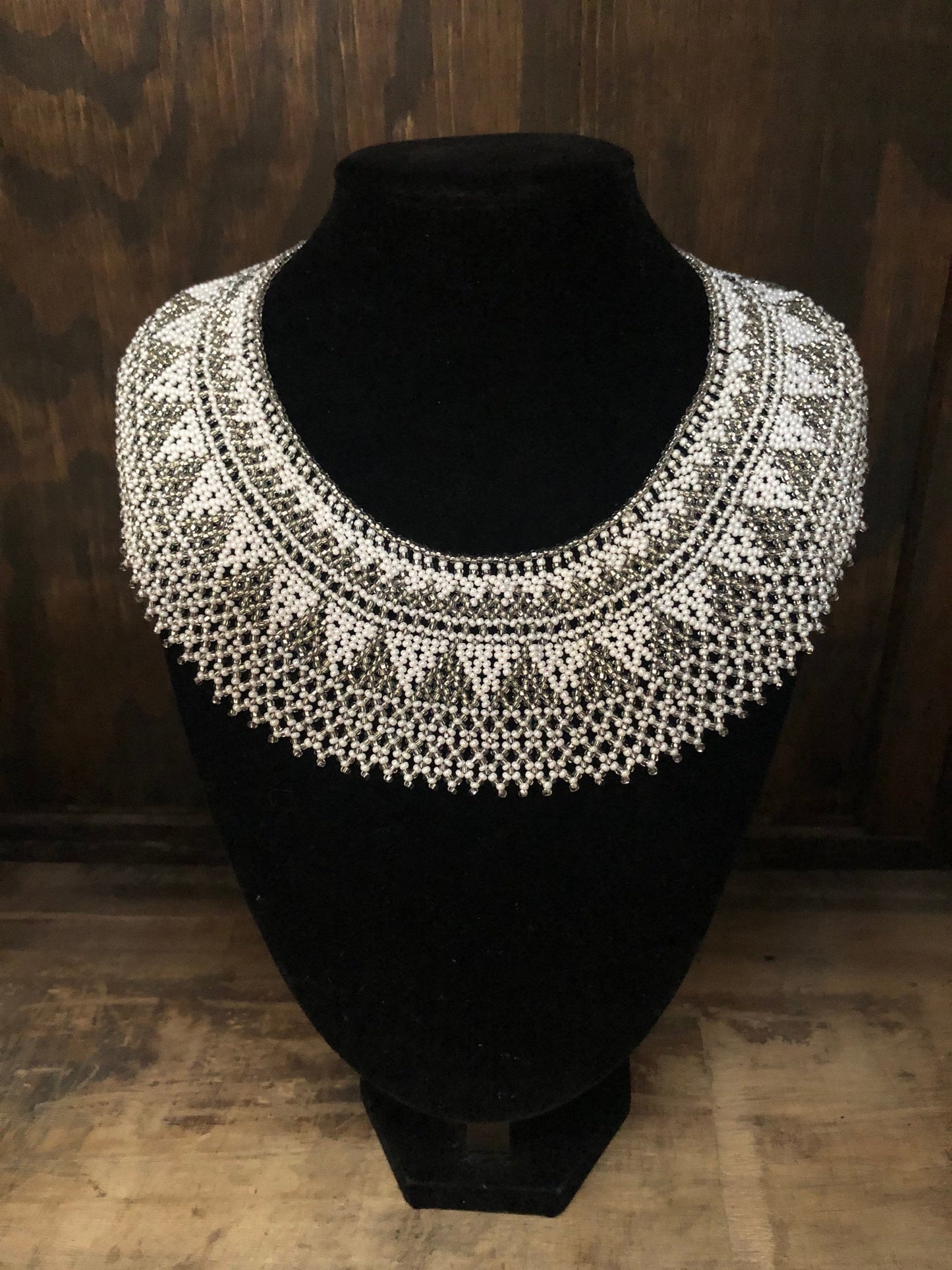 Beaded Bib White and Silver Necklace