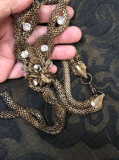 Vintage Long Braided Bronze Colored and Rhinestone Necklace Costume Jewelry