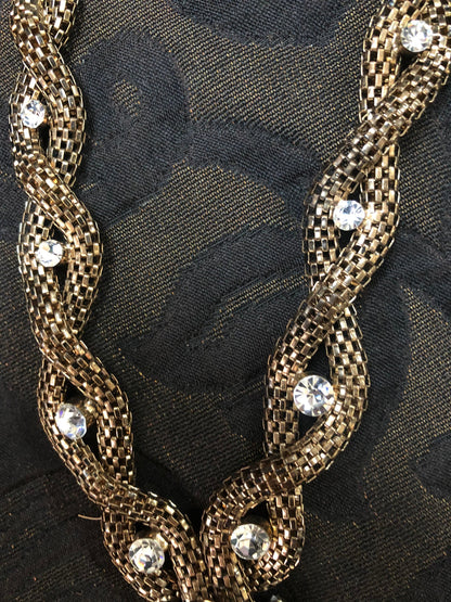 Vintage Long Braided Bronze Colored and Rhinestone Necklace Costume Jewelry