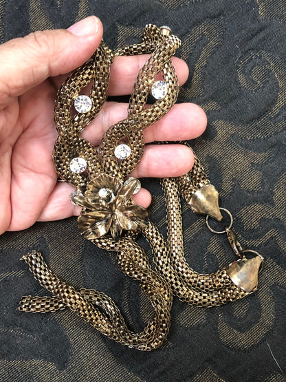 Vintage Long Braided Bronze Colored and Rhinestone Necklace Costume Jewelry