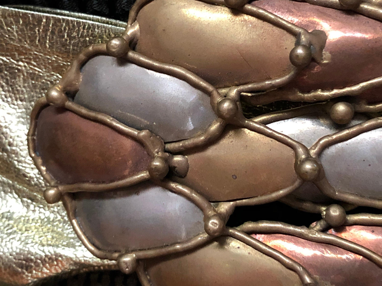 Vintage 1970s Retro Handmade Copper Brass Silver Belt Buckle and Gold Lame Belt