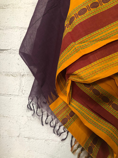 Vintage Cotton Purple Gold Handwoven Indian Saree
