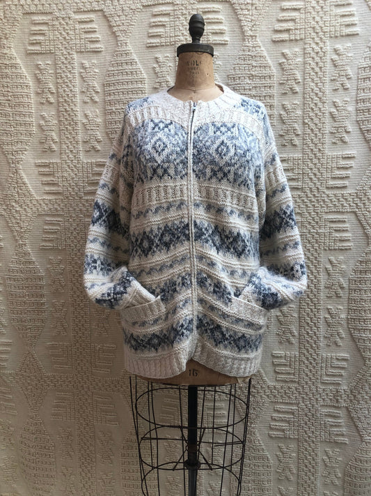 Vintage Hand Knit Wool Sweater Beige with Blue/Grey Accents Zipper