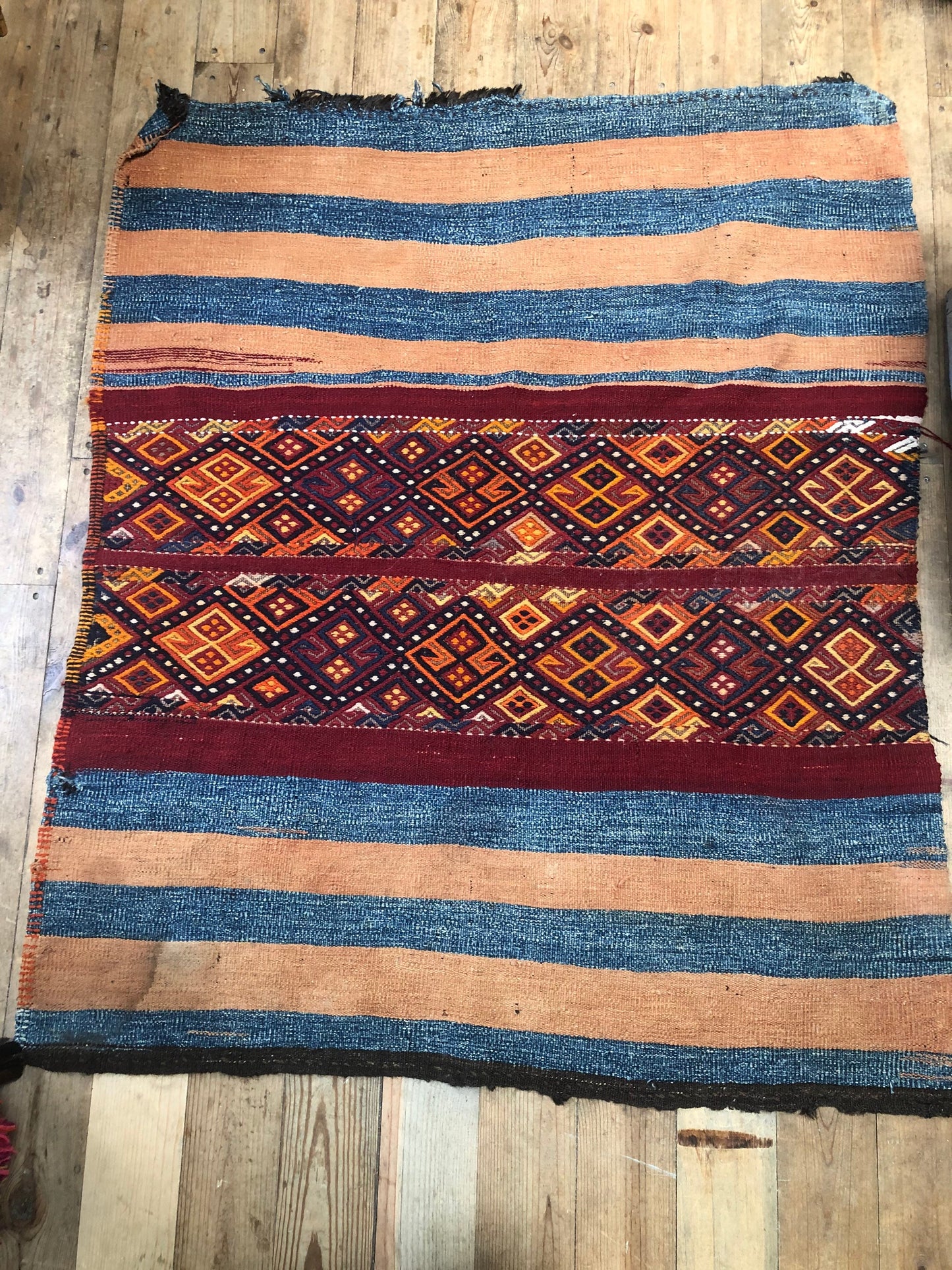 Vintage Area Rug from Uzbekistan Teal, Salmon, Maroon and Gold