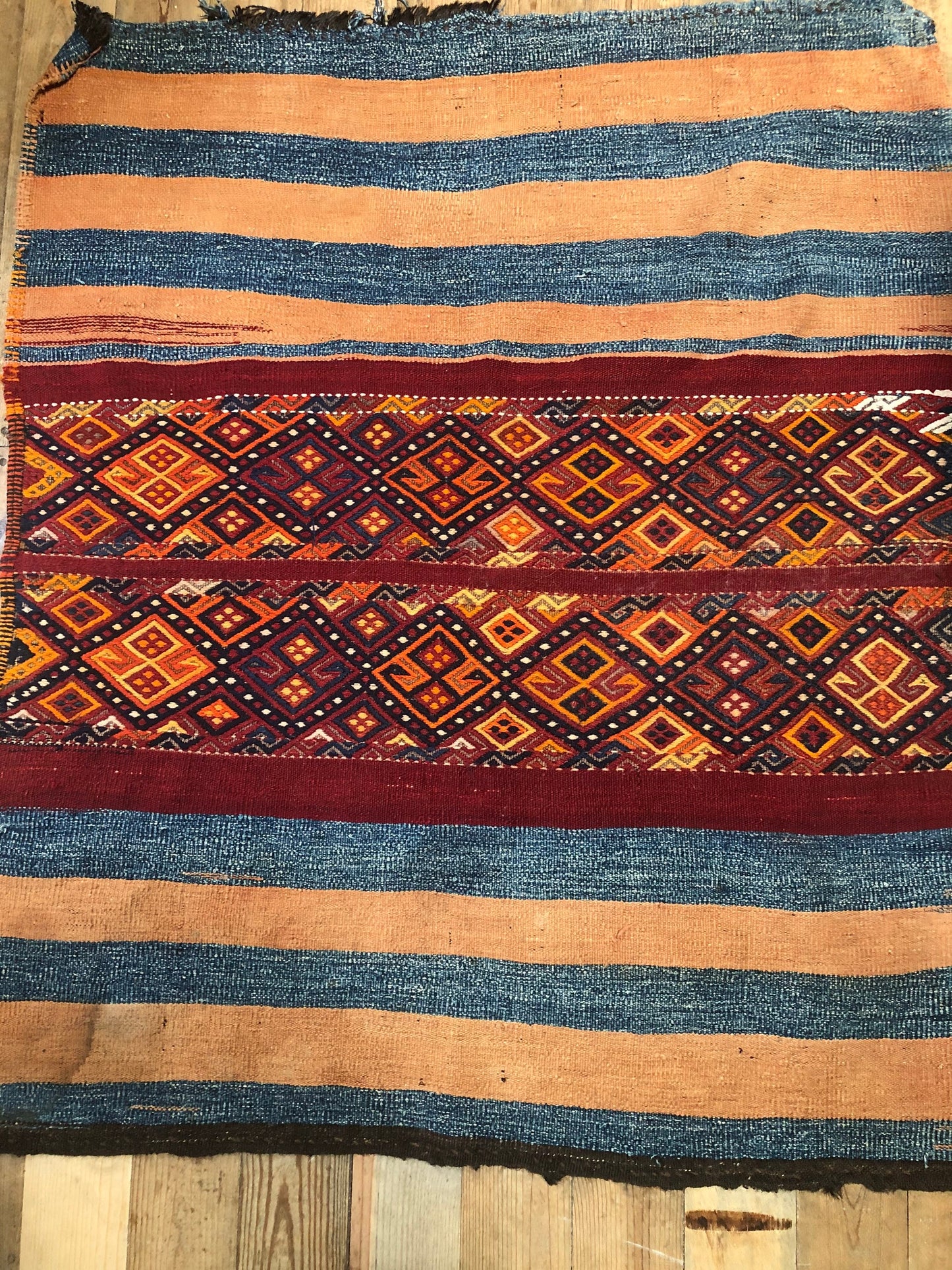 Vintage Area Rug from Uzbekistan Teal, Salmon, Maroon and Gold