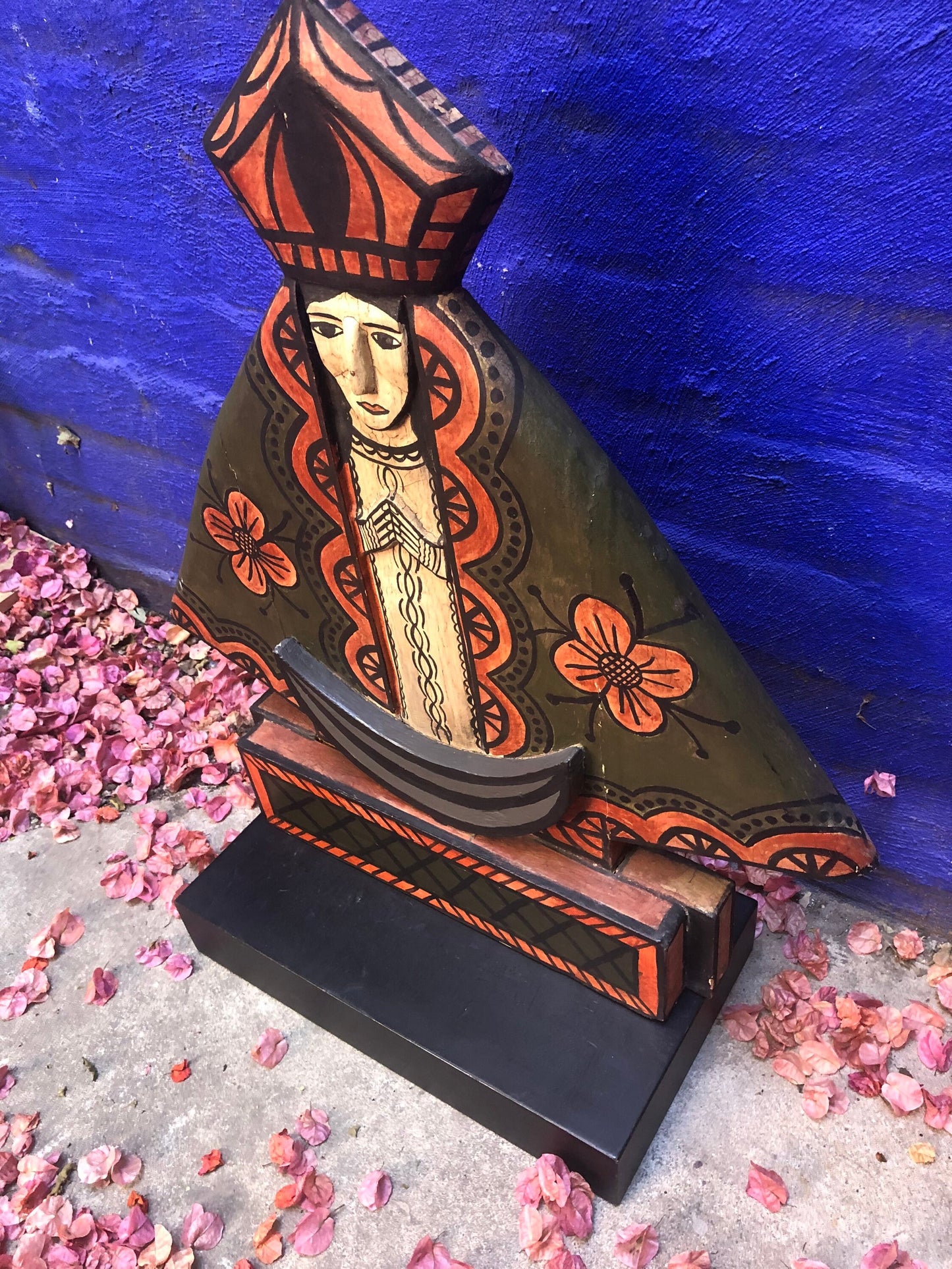 Religious Madonna Figure on Wood Stand