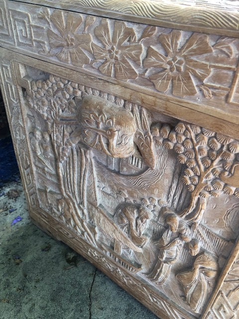 Vintage Antique Large Hand Carved Chinese Cedar Chest