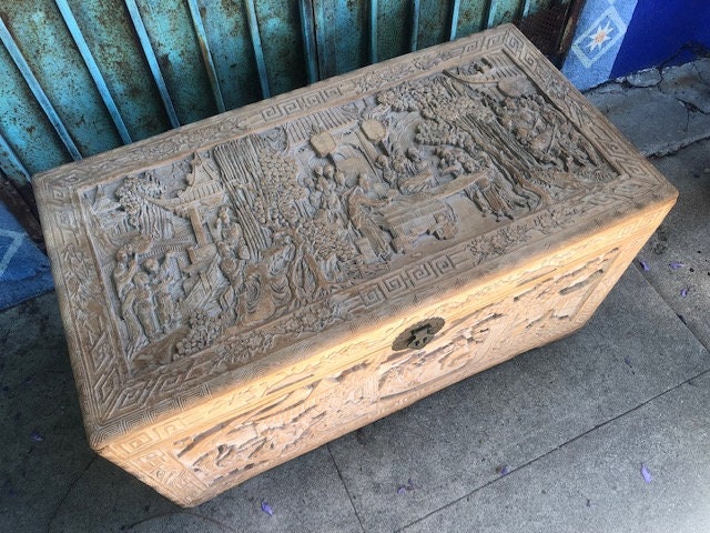 Vintage Antique Large Hand Carved Chinese Cedar Chest