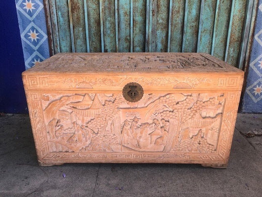 Vintage Antique Large Hand Carved Chinese Cedar Chest